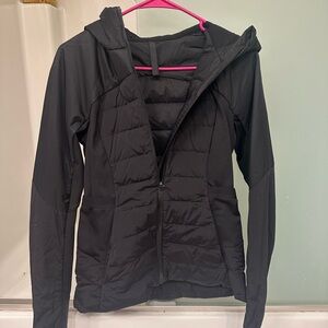 Black Puffer Jacket with Hood and Quilted Design